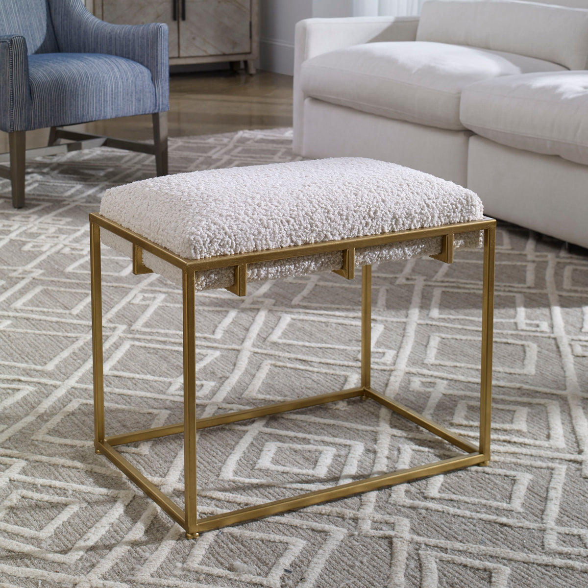 Paradox Small Shearling Bench Gold & White - White / Gold by Uttermost - View 2