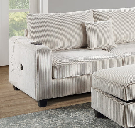 Ivory Color 3pc Sectional Set Corduroy Upholstered LAF Sofa RAF Chaise Ottoman L-Sectional Living Room Furniture - sold by Home Elegance USA