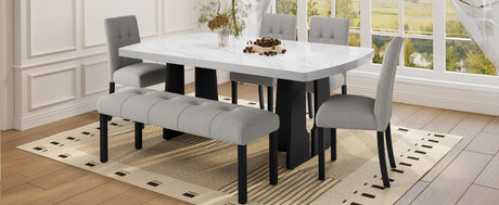 6 Piece Modern Dining Table Set, 63' Faux Marble Dining Table with Geometric Legs & 4 Upholstered Chairs & 1 Bench, Suitable for Dining Kitchen Room,Easy to Assemble, White+Gray - sold by Home Elegance USA