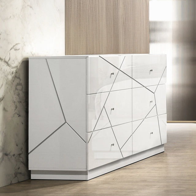 Ultra Modern White Finish Stylish Dresser with 6x Drawers Embossed Lines Design Contemporary Bedroom Furniture 1pc Metal Knobs
