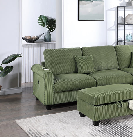 Gorgeous Sage Color 3pc Sectional Set Corduroy Upholstered LAF Sofa RAF Chaise Ottoman L-Sectional Living Room Furniture - sold by Home Elegance USA