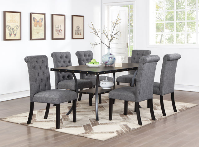 Classic Dining Room Furniture Natural Wooden Rectangle Top Dining Table 6x Side Chairs Charcoal Fabric Tufted Toll Back Top Back Chair and Storage Shelve 7pc Dining Set