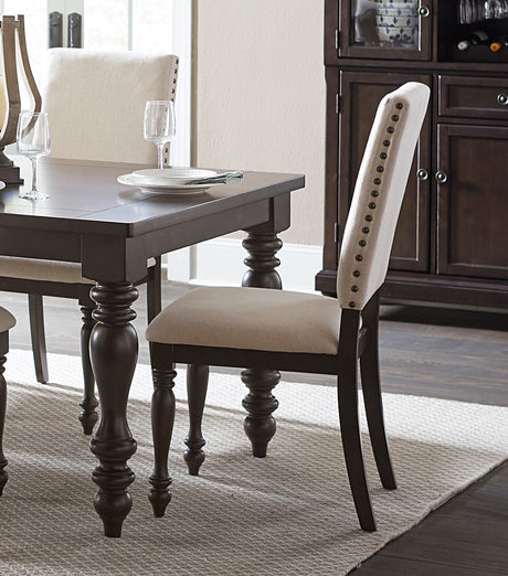 Traditional Brown Finish 5pc Dining Set Table w Leaf and 4x Side Chairs Beige Nailhead Trim Transitional Dining Wooden Furniture - sold by Home Elegance USA