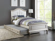 Contemporary Style Silver Twin Size Bed w/ Trundle Slats Pine Plywood Kids Youth Bedroom Furniture White Faux Leather Tufted HB