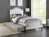 Contemporary Style Silver Twin Size Bed w/ Trundle Slats Pine Plywood Kids Youth Bedroom Furniture White Faux Leather Tufted HB
