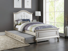Contemporary Style Silver Twin Size Bed w/ Trundle Slats Pine Plywood Kids Youth Bedroom Furniture White Faux Leather Tufted HB