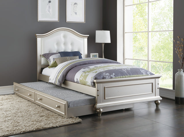 Contemporary Style Silver Twin Size Bed w/ Trundle Slats Pine Plywood Kids Youth Bedroom Furniture White Faux Leather Tufted HB