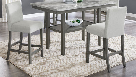 Selena 6-Piece 60' Rectangular Gray Faux Marble Counter Height Dining Set with Storage Shelf, Light Gray Upholstered Chairs & Bench - sold by Home Elegance USA