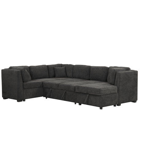 U-shaped Sectional Sofa Pull Out Bed with USB Ports, Power Sockets, Back Pillows & Storage Chaise, Black Chenille, 108.6' - sold by Home Elegance USA