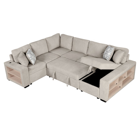 Beige Chenille U-Shaped Sectional Sofa with Pull-out Bed, USB Ports, Storage Chaise & Back Pillows - sold by Home Elegance USA