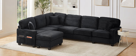Upholstered U-shaped Sectional Sofa with Movable Ottoman and Side Storage Pockets in Black Corduroy, 125.2 inches - sold by Home Elegance USA