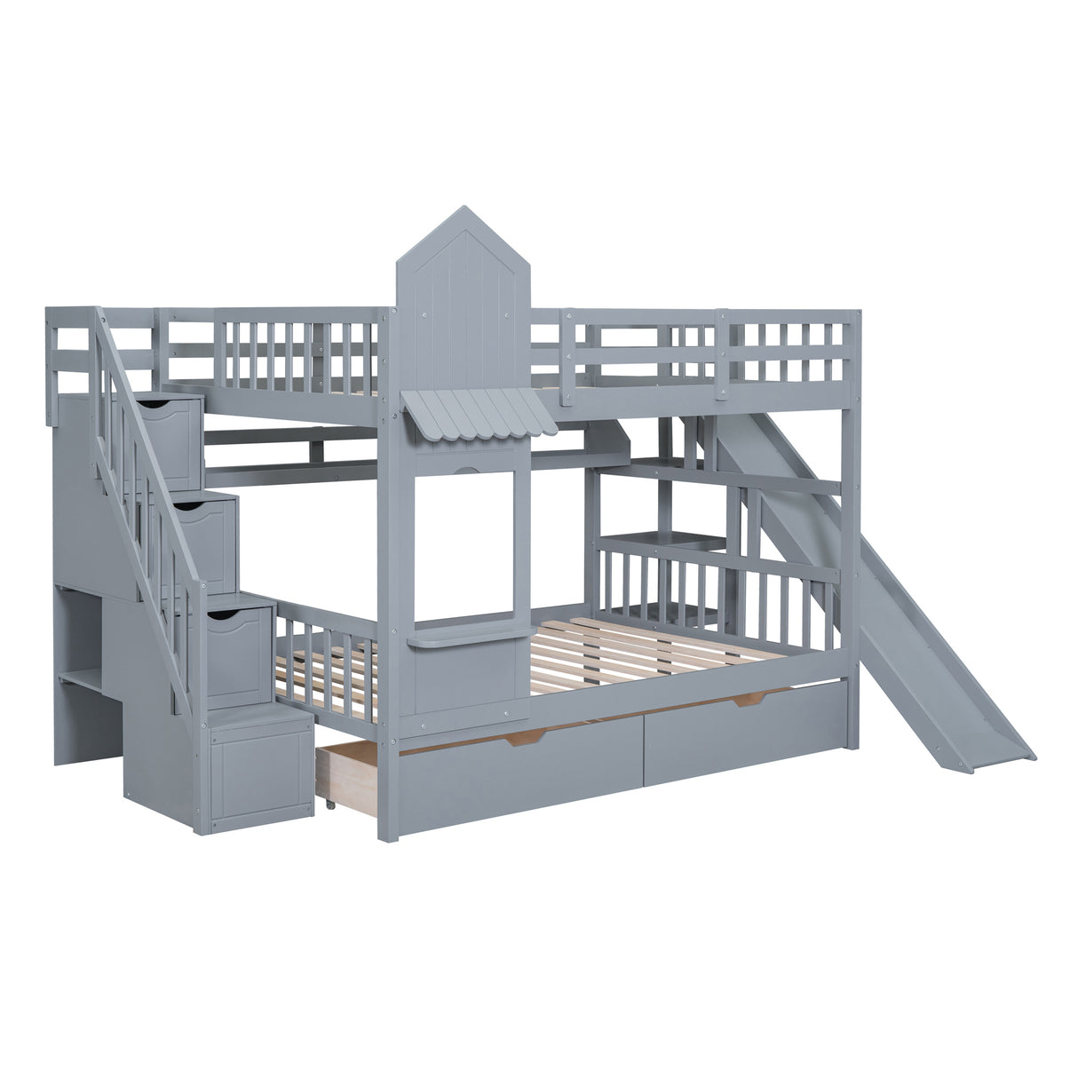 Full-Over-Full Castle Style Bunk Bed with 2 Drawers 3 Shelves and Slide - Gray - Home Elegance USA