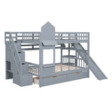 Full-Over-Full Castle Style Bunk Bed with 2 Drawers 3 Shelves and Slide - Gray - Home Elegance USA