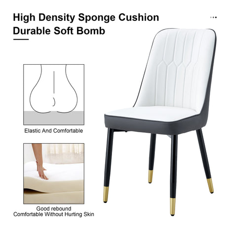 Table and chair set.The table has a glass top with imitation marble pattern stickers and stainless steel golden legs. Paried with 6 White and Dark Gray Spliced Color PU Dining Chairs. W1151S01558 - sold by Home Elegance USA