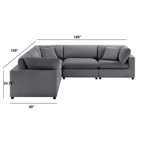 Cassandra Modular 5-Piece Sectional in Charcoal Grey with Solid Wood Legs and Plush Fabric Upholstery - sold by Home Elegance USA