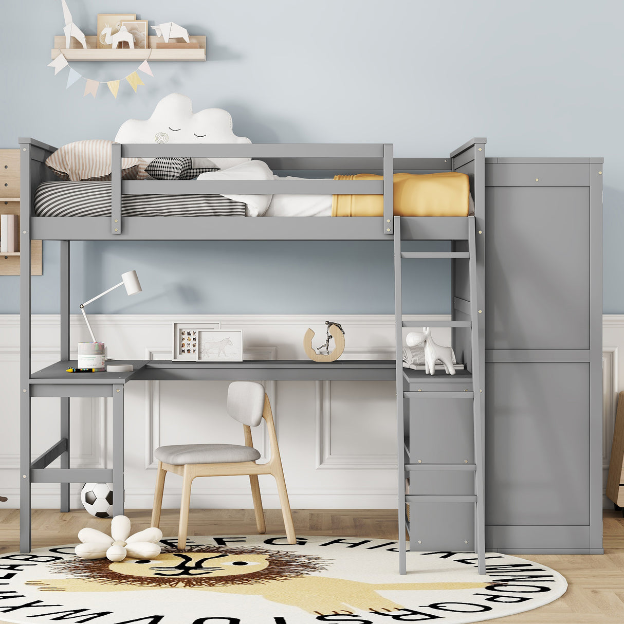 Full size Loft Bed with Desk, Shelves and Wardrobe-Gray - Home Elegance USA