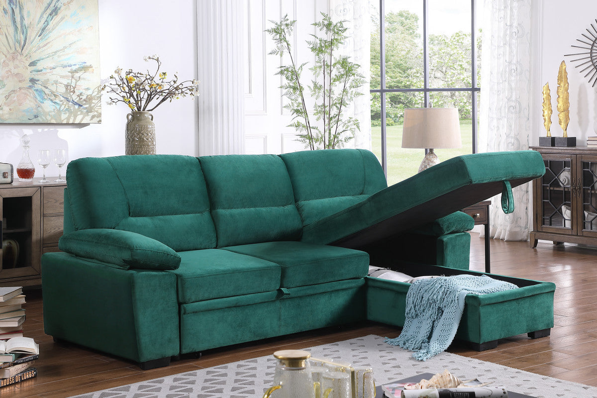 Kipling Green Velvet Fabric Reversible Sleeper Sectional Sofa Chaise - Home Elegance USA