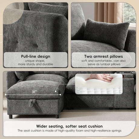 136'' Modular Sectional Sofa with Console, Cup Holder, USB Charger, Movable Storage Ottoman, Pull-line&Tufted Design, U-Shaped Oversized Chenille Sofa for Living Room&Apartment,2 Colors - sold by Home Elegance USA