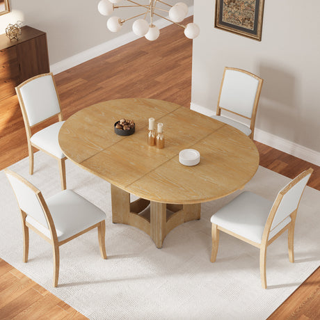 TOPMAX Farmhouse Extendable Round Dining Table Set for 4, 5-Piece Kitchen Table Set with 4 Upholstered Chairs and 16inch Removable Leaf for Small Places, Natural+Beige - sold by Home Elegance USA