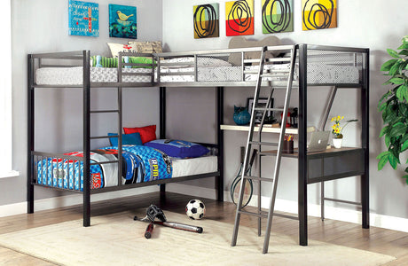 Modern Triple Twin L-shaped Bunk Bed Contemporary Style Corner Design With Workstation Full Metal Construction Silver Grey And Black Silver Finish