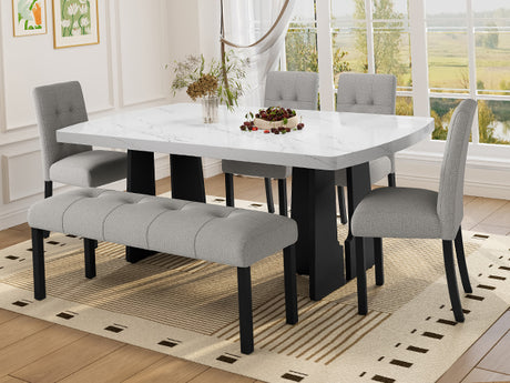 6 Piece Modern Dining Table Set, 63' Faux Marble Dining Table with Geometric Legs & 4 Upholstered Chairs & 1 Bench, Suitable for Dining Kitchen Room,Easy to Assemble, White+Gray - sold by Home Elegance USA