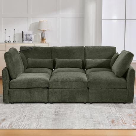 Modern Sectional Sofa Modular Sofa 85.4' U-shaped Sofa Couch Sofa Bed with Movable Ottoman, USB Ports, Phone Holder, Green Chenille - sold by Home Elegance USA
