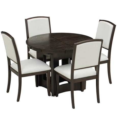 TOPMAX Farmhouse Extendable Round Dining Table Set for 4, 5-Piece Kitchen Table Set with 4 Upholstered Chairs and 16inch Removable Leaf for Small Places, Espresso+Beige - sold by Home Elegance USA
