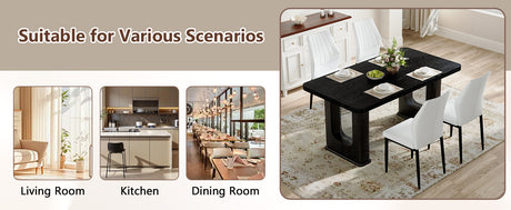 Table and chair set.64.5 x 35.4 Inch Stylish Black Wood Color Textured Dining Table.Paired with 4 Black - and - White PU Dining Chairs with Shell - pattern. Exudes A Strong Sense Of Fashion. - sold by Home Elegance USA