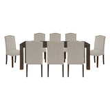 9pc Dining Set Dark Brown Finish Table and Taupe Fabric Upholstered 8x Side Chairs Wooden Modern Dining Kitchen Furniture