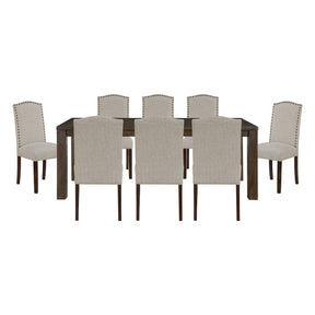 9pc Dining Set Dark Brown Finish Table and Taupe Fabric Upholstered 8x Side Chairs Wooden Modern Dining Kitchen Furniture