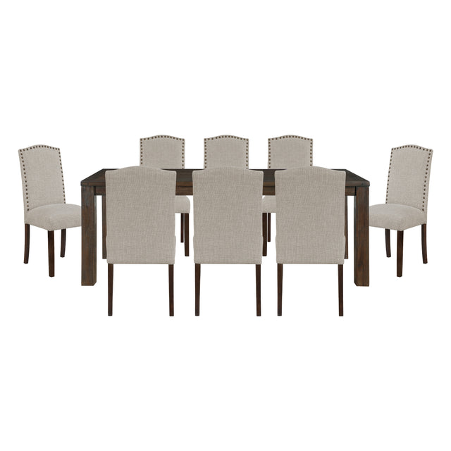9pc Dining Set Dark Brown Finish Table and Taupe Fabric Upholstered 8x Side Chairs Wooden Modern Dining Kitchen Furniture