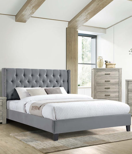 Full Size 1pc Bed Nailhead Head Trim Diamond Tufted Headboard Gray Finish Bedroom Furniture
