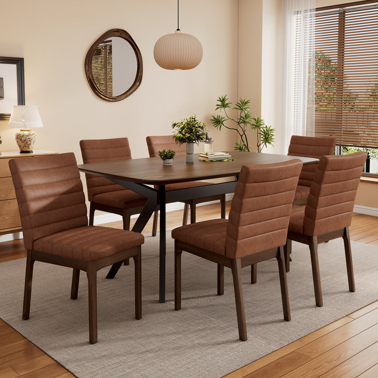 7-Pieces Upholstered Dining Set With Rubberwood Frame,Cognac Brown+Walnut+Black