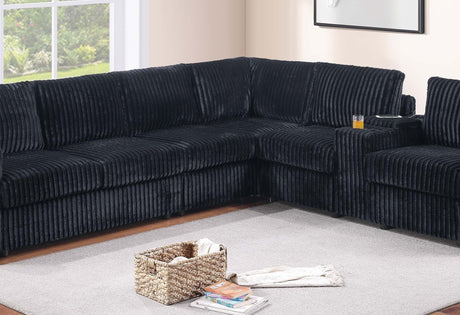 Modern Style L-Shape 4pc Sectional Set Reversible Loveseat USB Ports Cup Holder Armless Chair Plastic Legs Corduroy Upholstered Black Finish Primary Living Room - sold by Home Elegance USA