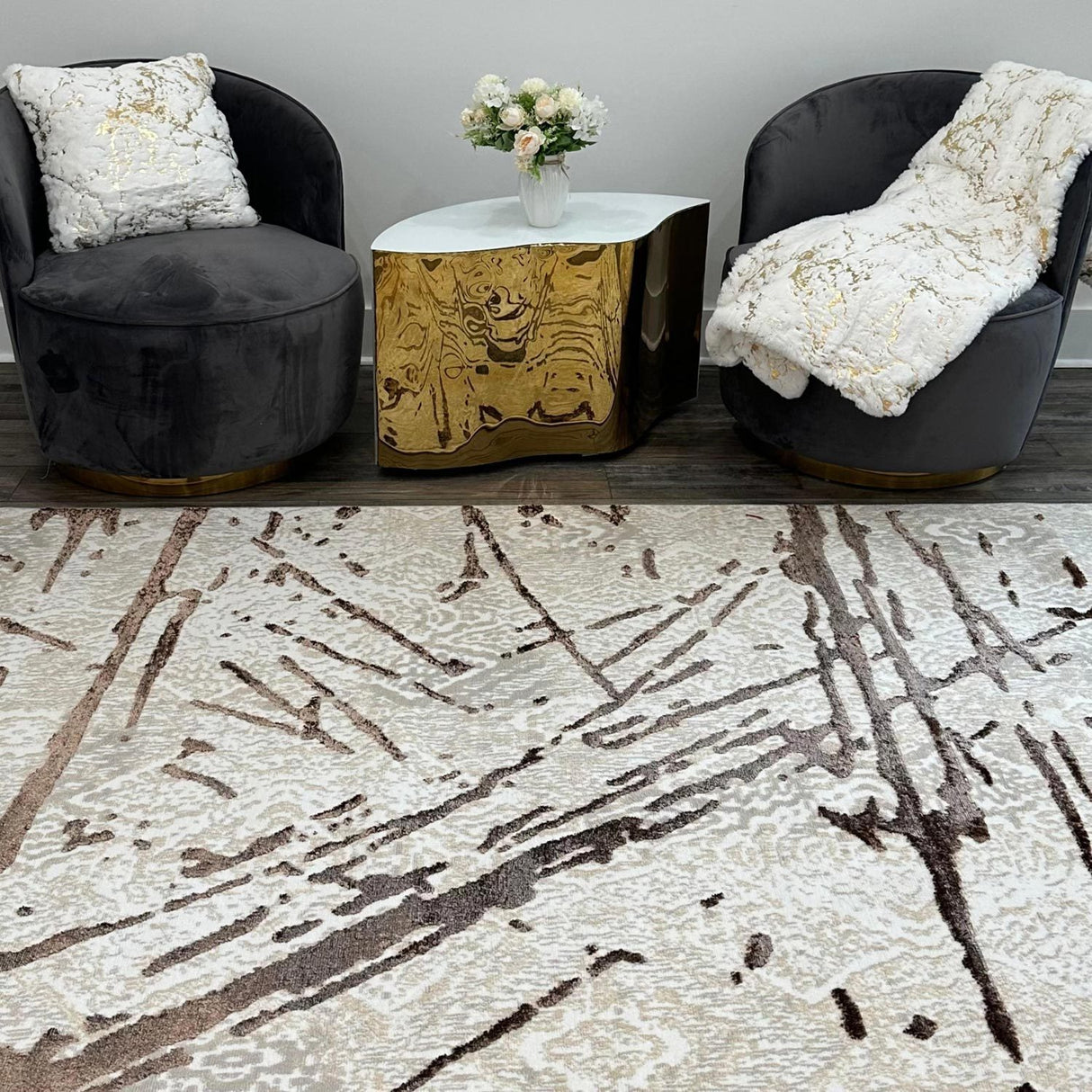 Shifra Luxury Area Rug in Beige and Gray with Bronze Abstract Design - Home Elegance USA