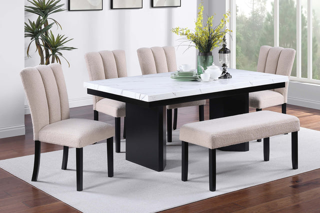 Classic Two-Tone Design White Faux Marble Top Dining Table 4x Side Chairs Bench 6pc Dining Set Dining Room Furniture
