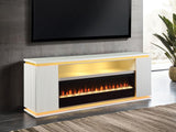 Soporte para TV de estilo contemporáneo con chimenea eléctrica, ajuste de brillo de 3 niveles, control de temperatura ambiente, acabado blanco, sala de estar principal