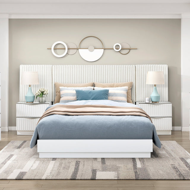 Luxurious Pearl White Finish 5pc King Wall Bed Set Soft Upholstery Headboard Panel Glam Bedroom Furniture