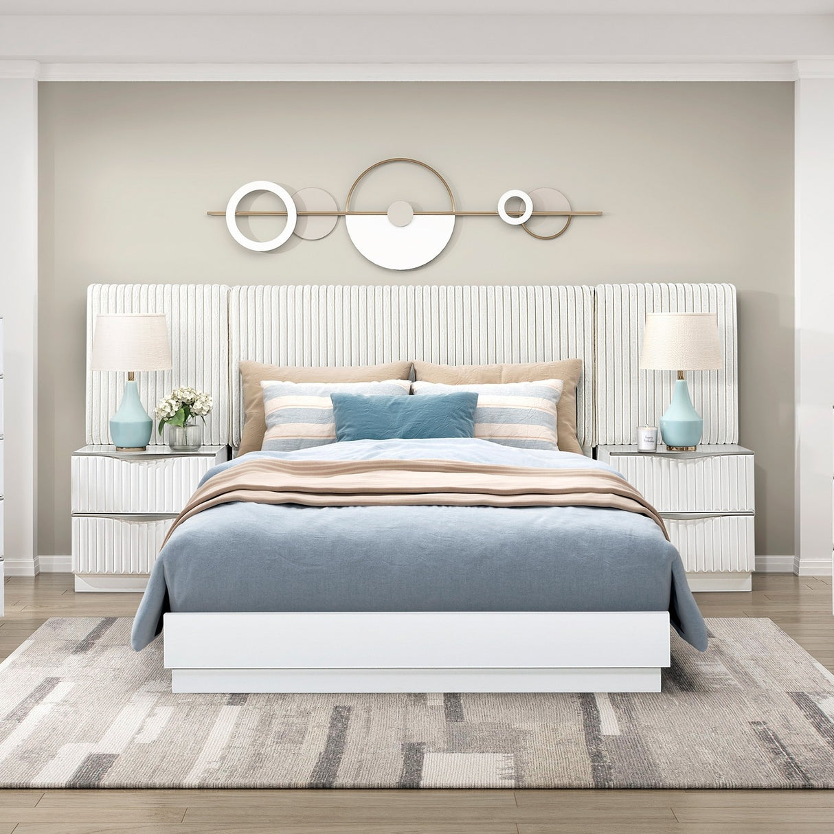 Luxurious Pearl White Finish 5pc Queen Wall Bed Set Soft Upholstery Headboard Panel Glam Bedroom Furniture