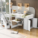 Twin-Twin over Full L-Shaped Bunk Bed With 3 Drawers, Portable Desk and Wardrobe, White(OLD SKU:LT100542AAK)