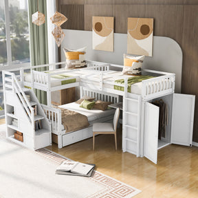 Twin-Twin over Full L-Shaped Bunk Bed With 3 Drawers, Portable Desk and Wardrobe, White(OLD SKU:LT100542AAK)