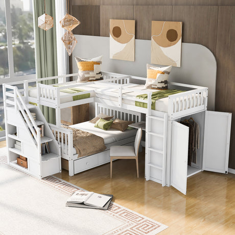 Twin-Twin over Full L-Shaped Bunk Bed With 3 Drawers, Portable Desk and Wardrobe, White(OLD SKU:LT100542AAK)