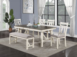 Dining Room Furniture 6pc Dining Set Table w Leaf And 4x Side Chairs 1x Bench Gray Fabric Cushion Seat White Clean Lines Wooden Table Top | Home Elegance USA