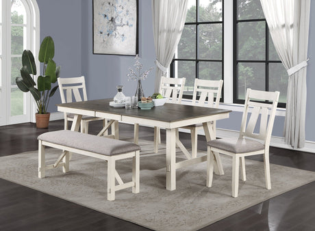 Dining Room Furniture 6pc Dining Set Table w Leaf And 4x Side Chairs 1x Bench Gray Fabric Cushion Seat White Clean Lines Wooden Table Top | Home Elegance USA
