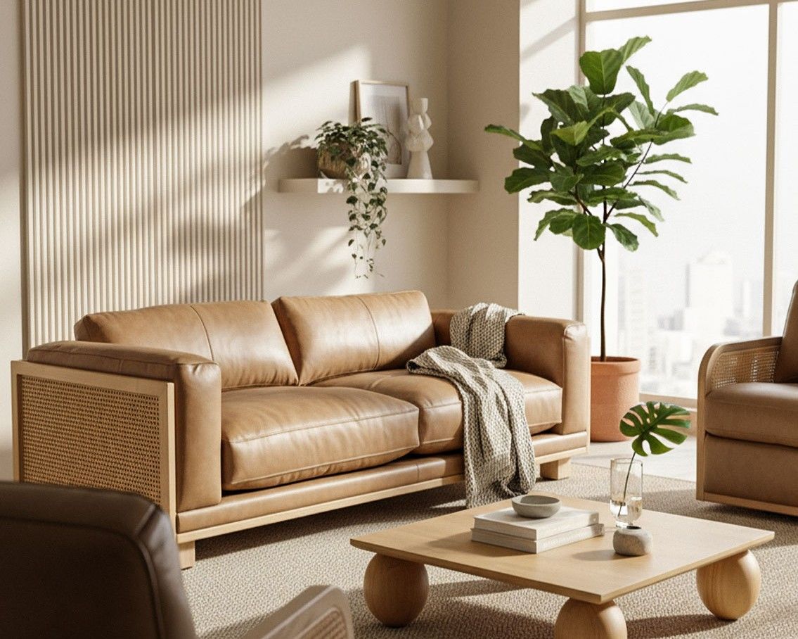 Divani Casa Danson - Modern Tan Leather + Wicker Sofa
