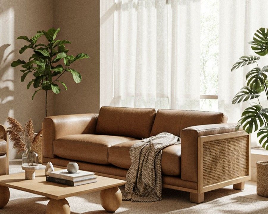 Divani Casa Danson - Modern Tan Leather + Wicker Sofa