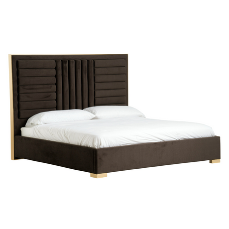 Queen Daystar + Roma - Modern Dark Brown Velvet + Walnut 4-Piece Bedroom Set