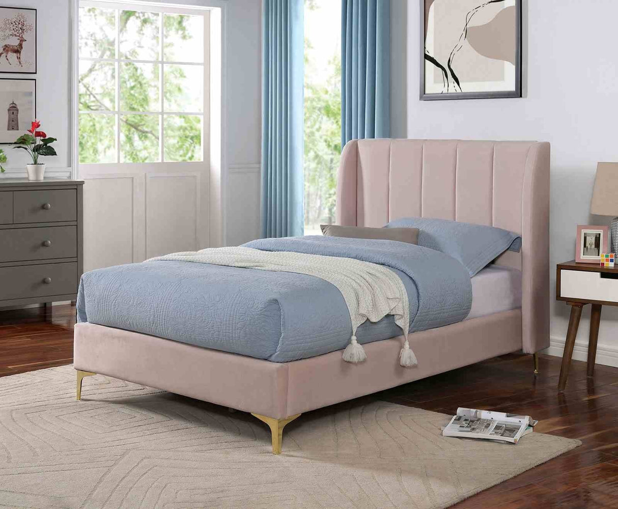 Contemporary Light Pink Twin Size Bed Wingback Headboard 1pc Bed Velvet Like Fabric Gold Metal Legs