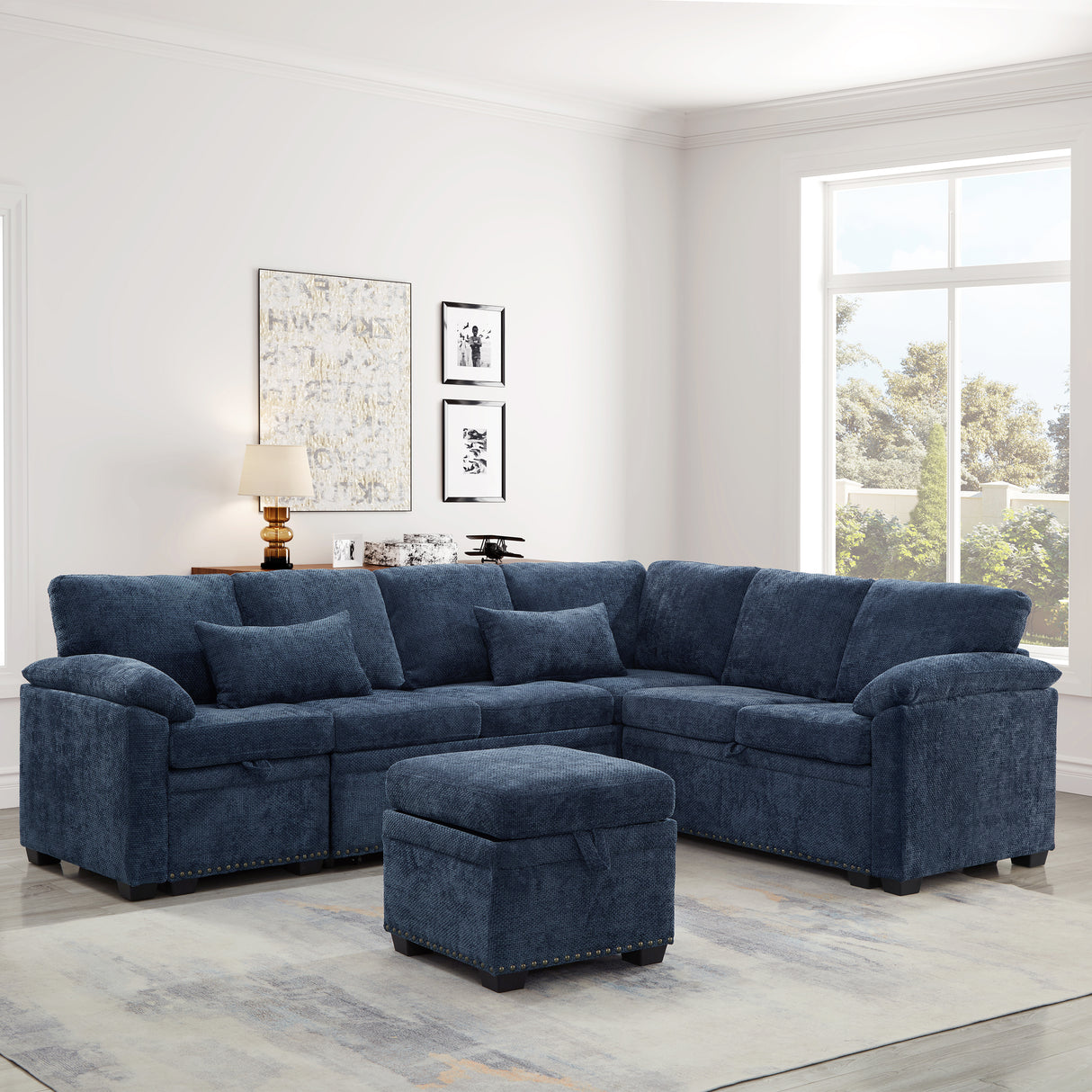 97 Inch L-Shaped Corner Sectional Sofa Couch with Seat and Storage Ottoman,Chenille Fabric Corner Couch with 7 Seats & 2 Pillows for Living Room, Dark Blue