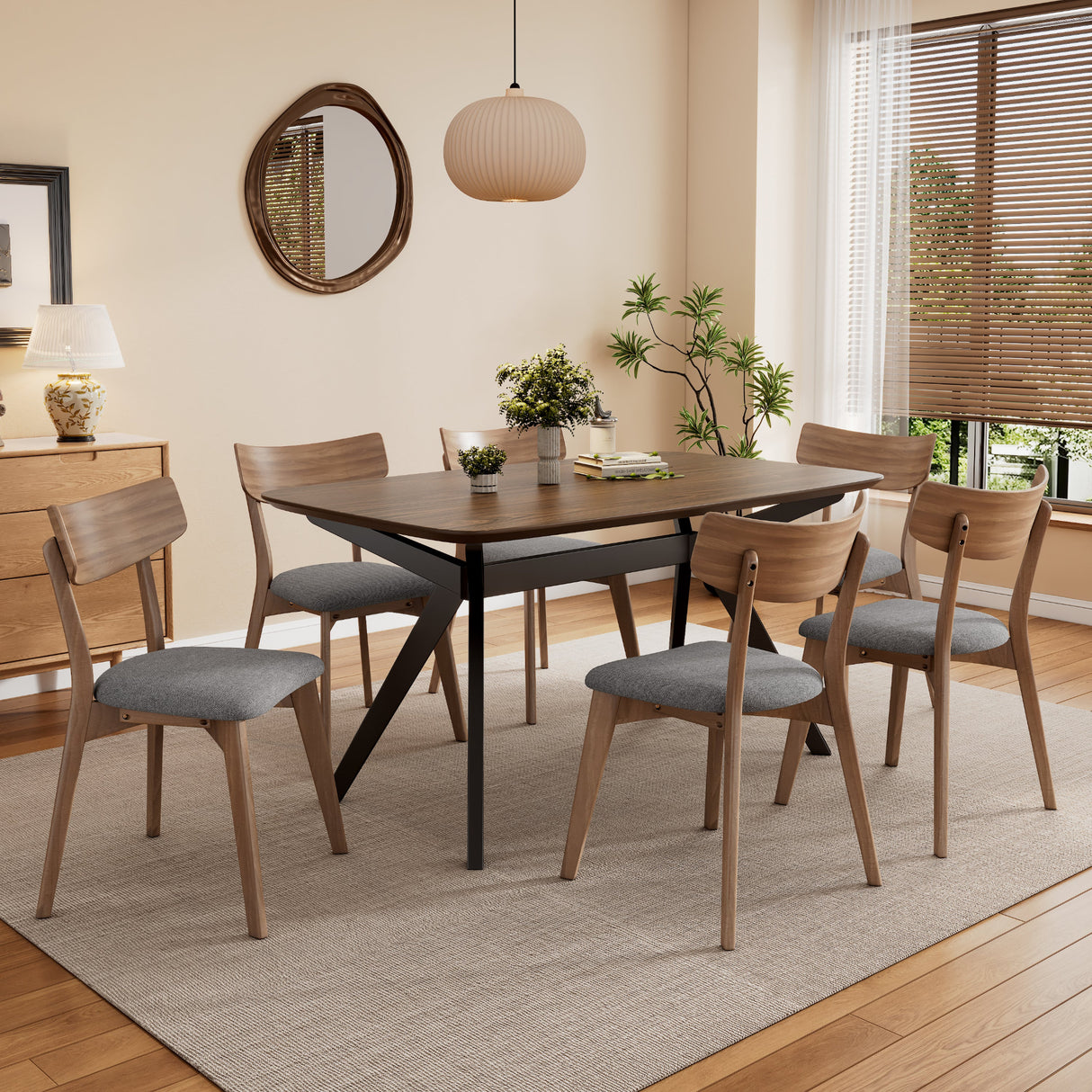 7-Pieces Upholstered Dining Set With Rubberwood Frame, Grey+Walnut+Black